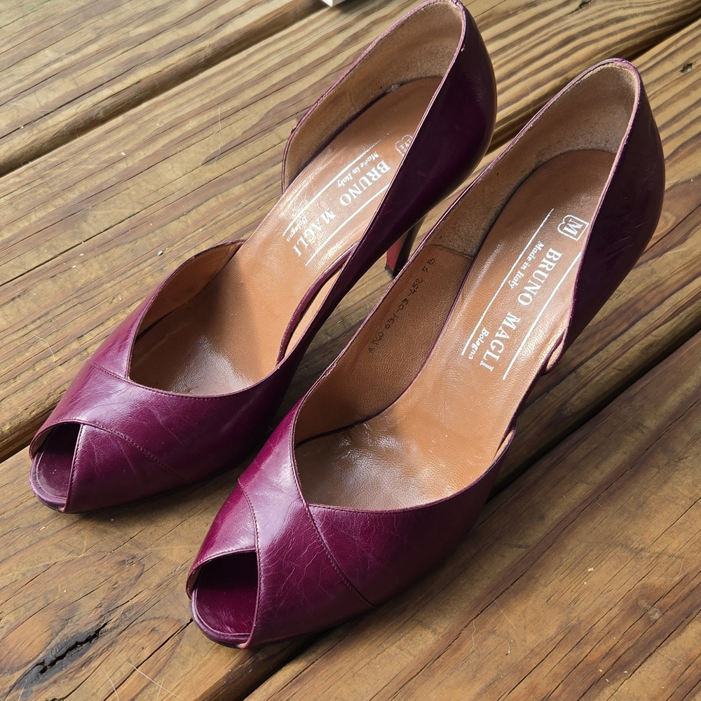 Bruno Magli Burgundy Peep-Toe Leather Heels